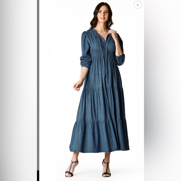 Wayward Fancies  eShakti Tiered Maxi ruched denim dress - Picture 1 of 10